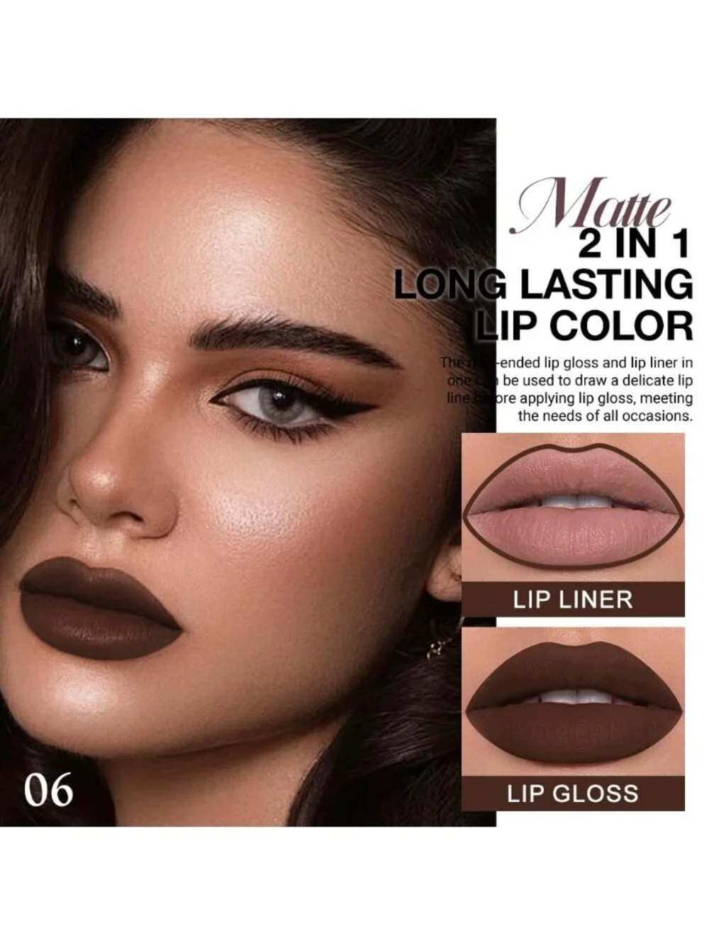 Women's 06#-Chocolate 1Pcs Smudge Proof Matte Lip Liner and Liquid Lipstick